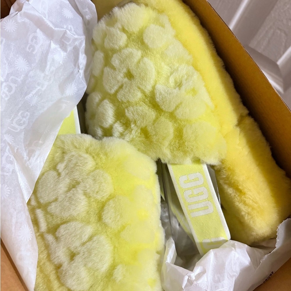 UGG Yellow Floral Shearling Slide Sandals